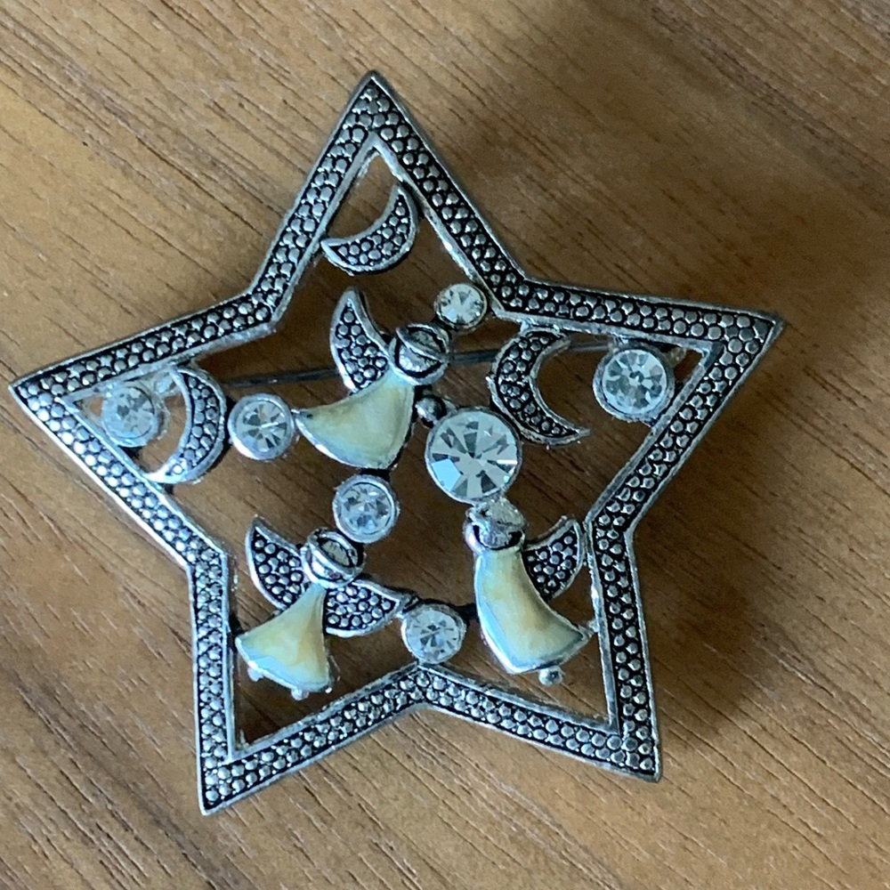 Silver Star Brooch with Angel and Moon Design in Mother of Pearl & Rhinestones.